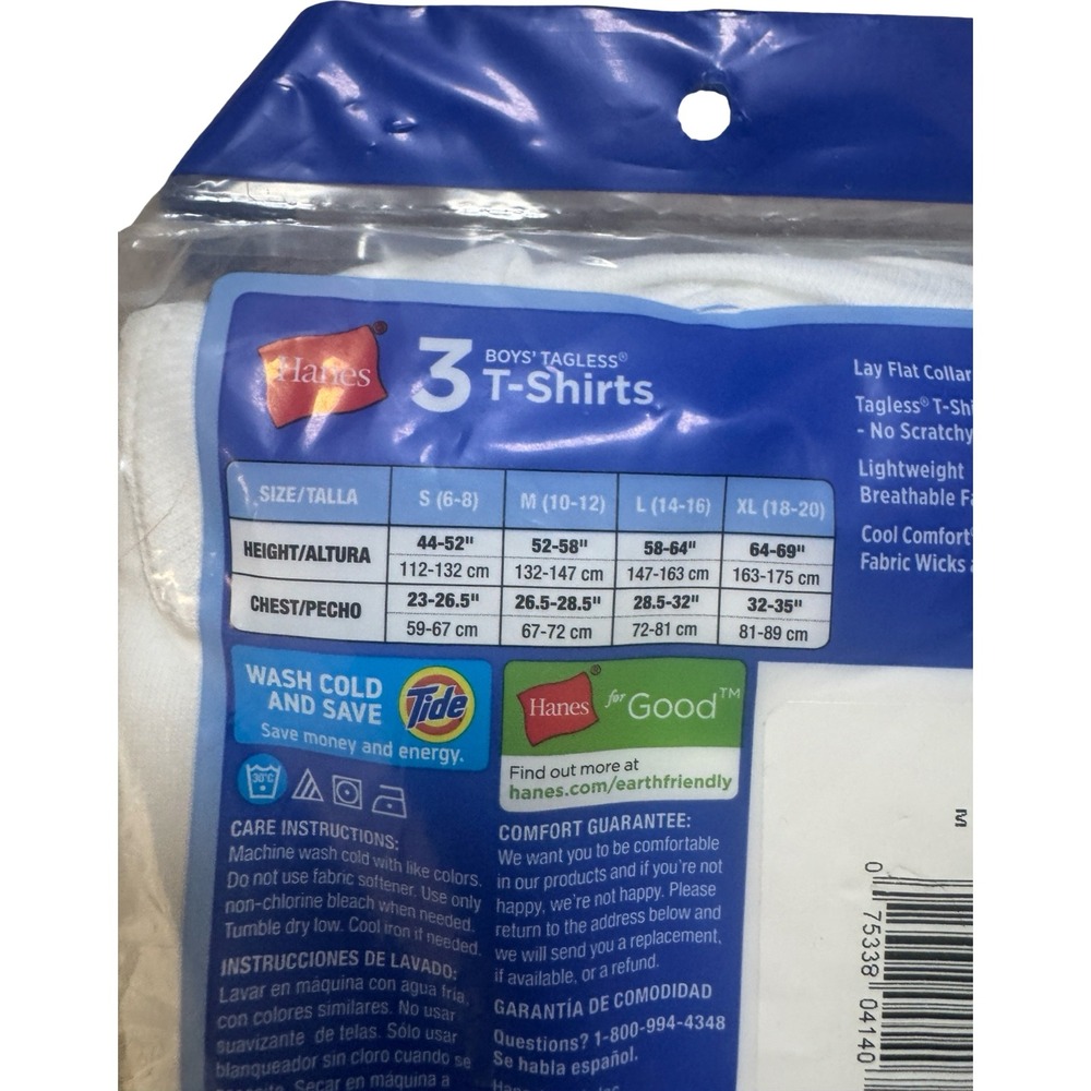 Hanes Boys Tagless White T-Shirts 3-Pack Size M (10-12) New‎ Sealed - Picture 3 of 3